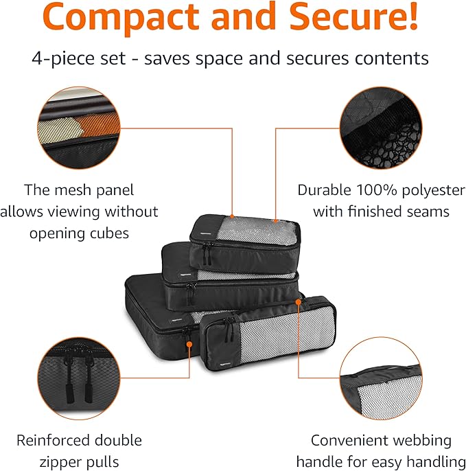 Amazon Basics Lightweight Packing Cubes Travel Organizer Set with Double Zipper, Mesh Top, Small, Medium, Large, Slim, Black, 4 Piece