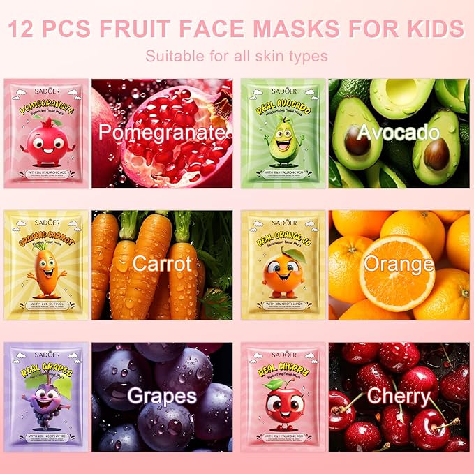 12 PCS Fruit Face Masks Skincare for Kids, Spa Party Facial Mask Set, Moisturize Sheet Masks Skin Care, Christmas Birthday Gifts for Women Girls, Hydrate and Soothe for All Skin Types (12Pcs-Set01)