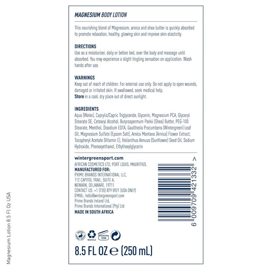 Wintergreen Magnesium Body Lotion, 8.5oz – Arnica, Menthol for Muscle Recovery, Soothing and Hydrating Formula for Sore Muscles, Fast-Absorbing Relief