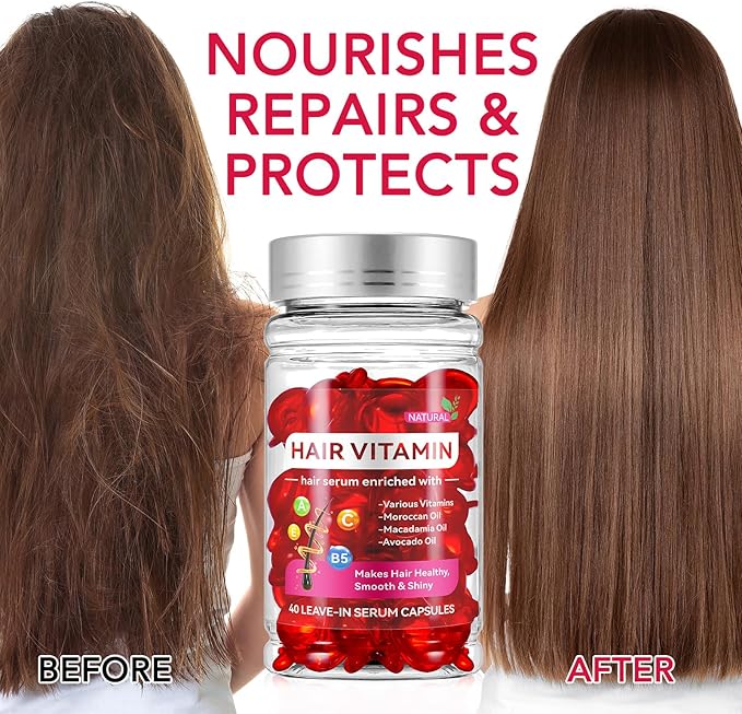 Hair Vitamins, Hair Vitamin Oil Capsules with Avocado Oil, Hair Treatment Serum for Frizzy & Dry Hair, Leave-in Anti Frizz Hair Styling Moisturizing Serum Capsules for Women, 40PCS, Red
