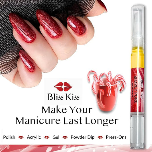 Bliss Kiss | 1 Candy Cane Fragrance | Nail Oil Cuticle Pen w/Vitamin E & Jojoba⏤Nail Strengthener Nail Growth Serum for Brittle Peeling Breaking Thin Nails