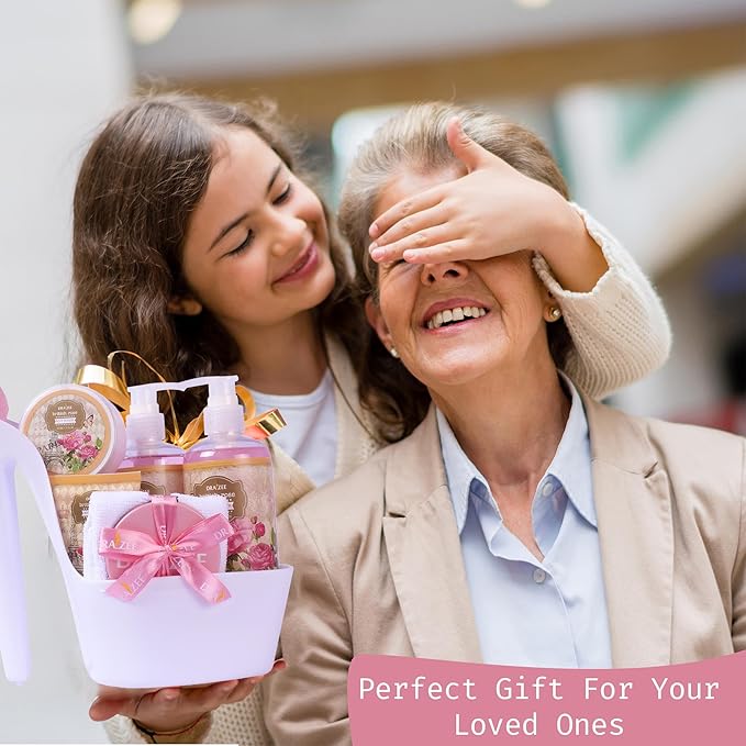 Draizee Mothers Day Gifts for Mom - Spa Gift Baskets for Women -8 Pcs Luxury British Rose Scented Heel Shoe Design Bath and Body Spa Set - Self Care Package for Women, Presents for Mom, Body Care Set