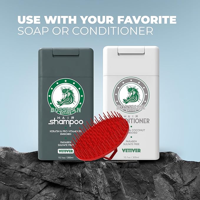 Bossman Scalp Massager & Shampoo Brush (Red) – Head Scrubber, Beard Exfoliator & Dandruff Control for Hair & Beard