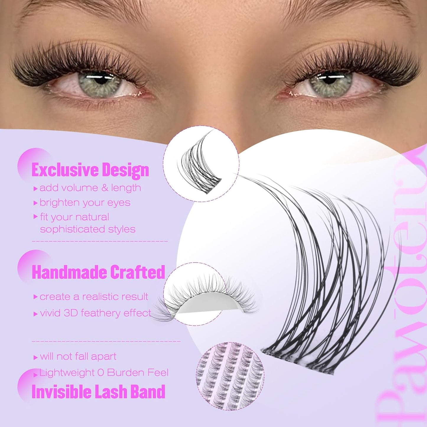 Pawotence Wispy Lash Clusters Natural Eyelash Clusters Invisible Band Individual Lashes 8-16mm Cluster Lashes Extension DIY Soft Comfortable False Eyelashes Cluster Natural Look