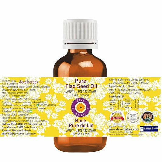 Deve Herbes Pure Flax Seed Oil (Linum usitatissimum) Natural Therapeutic Grade Cold Pressed 10ml (0.33 oz)