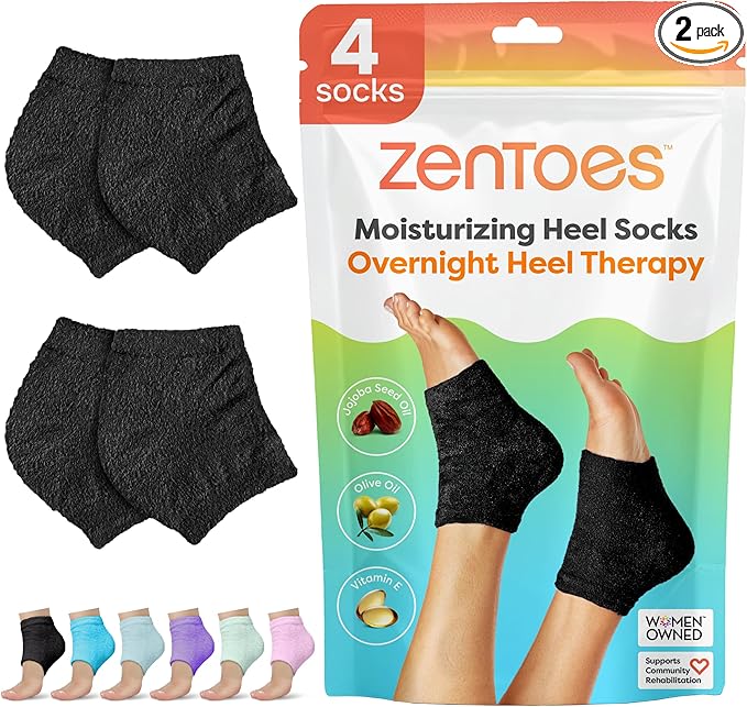 ZenToes Moisturizing Socks for Cracked Heel Treatment - Vitamin E, Olive Oil and Jojoba Oil Infused Heel Socks to Soften and Hydrate (Fuzzy Black, Regular)