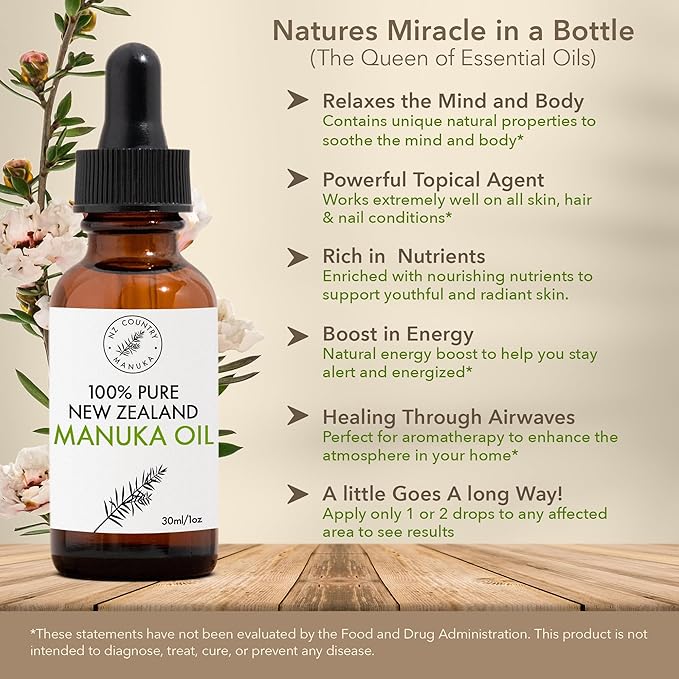 100% Pure New Zealand Manuka Oil | Organic Essential Oil | 35x Stronger Than Tea Tree | Natural Skin Care | Toenails | Diffuser | Aromatherapy | Nails | Hair | Skin | Lips