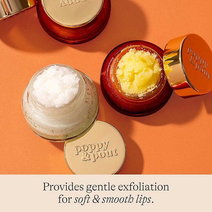 Poppy & Pout Natural Lip Scrub, Moisturizing Sugar Scrub for Dry Lips, Lip Scrubber Exfoliator with Essential Oils Smooths and Hydrates Lips, In Recyclable Glass Jars, Cruelty Free - Pomegranate Peach