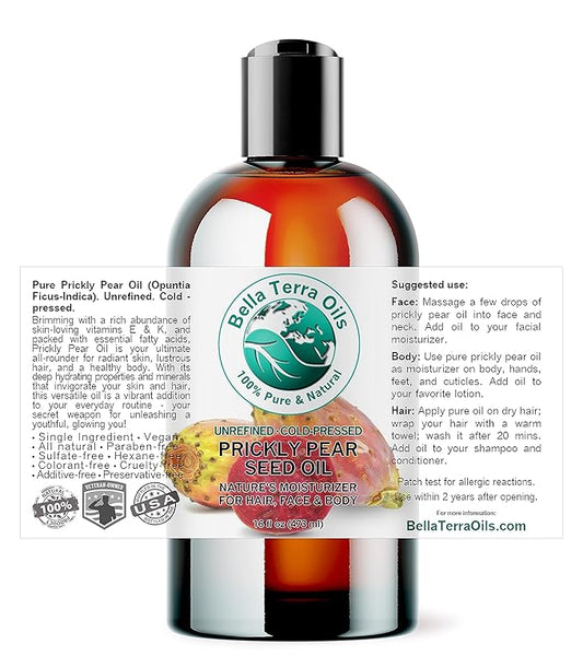 Bella Terra Oils - Prickly Pear Seed Oil 8 oz - Dive into the Richness of Cactus Oil, Bursting with Antioxidants & Minerals, Elevate Your Skin’s Vitality