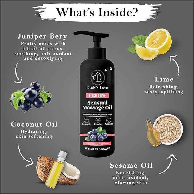 Organic - Edible Berry Sensual Massage Oil for Couple - Edible | No Stain & Non-Sticky | with Coconut Oil, Natural Lime & Juniper Berry.