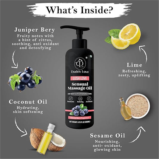 Organic - Edible Berry Sensual Massage Oil for Couple - Edible | No Stain & Non-Sticky | with Coconut Oil, Natural Lime & Juniper Berry.