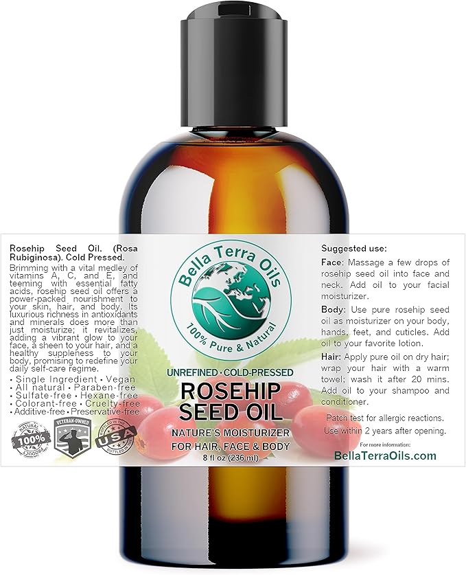 Bella Terra Oils - Organic Rosehip Facial Oil 8 oz - Dive into Organic Rosehip's Essential Fatty Acids & Antioxidants, Infused with Vitamin F, Elevate Daily Face Rituals