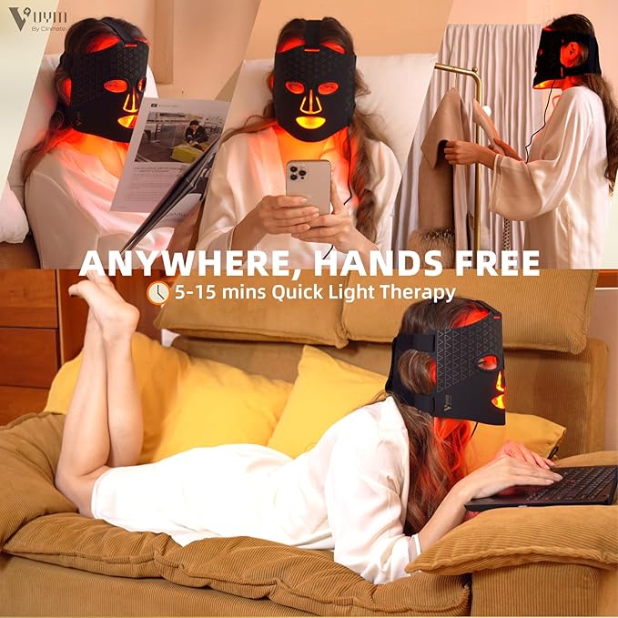 VYM LED Face Mask Light Therapy: Portable Remote High-Energy Anti-Aging Skincare Device, 292 LEDs Professional Infrared Red Light Therapy for Face, Red Light Mask Gift Pack - Black