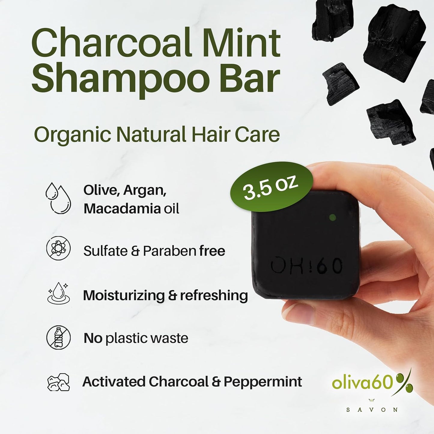 Shampoo Bar Charcoal Mint | Olive, Argan & Macadamia Oil | Sulfate & Paraben Free | Natural Hair Care | 3.5 oz | Extra Moisturizing | Shampoo for Oily Hair | Activated Charcoal & Peppermint Oil
