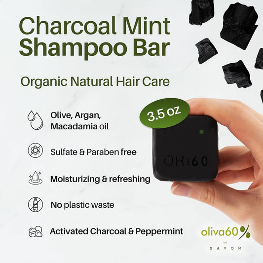 Shampoo Bar Charcoal Mint | Olive, Argan & Macadamia Oil | Sulfate & Paraben Free | Natural Hair Care | 3.5 oz | Extra Moisturizing | Shampoo for Oily Hair | Activated Charcoal & Peppermint Oil