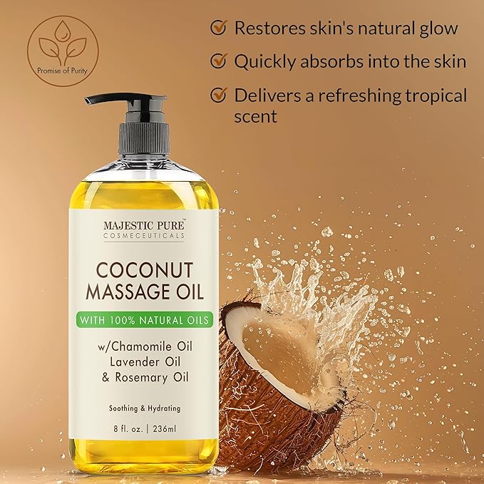 MAJESTIC PURE Coconut Massage Oil - Ultra-Glide Formula with Soothing Aroma -Made with Natural Oils - All Skin Types, Men & Women - 8 fl oz