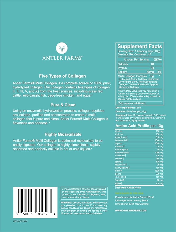 Antler Farms - Multi Collagen Protein Powder - 5 Types (I, II, III, V, and X) 100% Pure Hydrolyzed Collagen Peptides for Men and Women - Bioavailable, Rapid Absorption - Unflavored - 1 lb