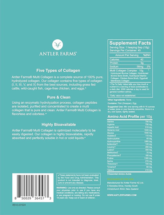 Antler Farms - Multi Collagen Protein Powder - 5 Types (I, II, III, V, and X) 100% Pure Hydrolyzed Collagen Peptides for Men and Women - Bioavailable, Rapid Absorption - Unflavored - 1 lb