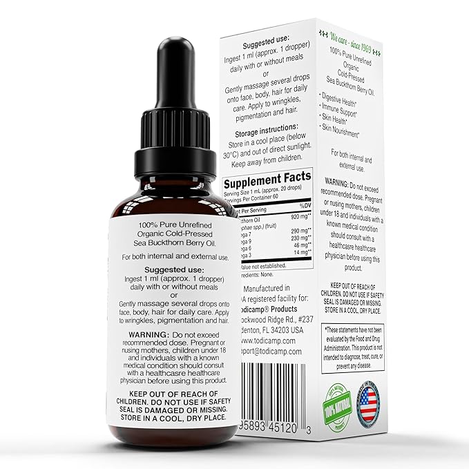 Sea Buckthorn Oil Organic - 2 fl oz Cold-Pressed Sea Buckthorn Berry Oil - Seabuckthorn Oil for Face and Organic Sea Buckthorn Oil Supplement
