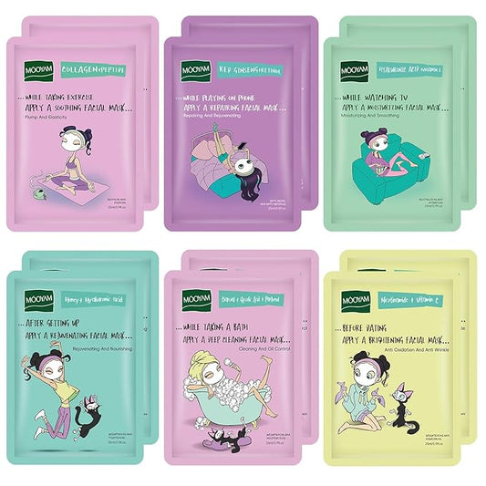 Face Masks Skincare Set for Girl,Moisturizing Collagen Facial Masks for Women Home Spa,Hyaluronic Acid Face Mask for All Skin Types,Day Night Facial Mask Hydrating,Deep Cleaning,Oil Contral(12Pack)