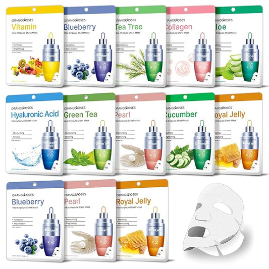 【Orangeroses】 13 Pcs Combo Vital Ampoule Sheet Mask, Korean Facial Skincare Sheet | Simple & Effective Skincare Routine | Moisturization | Wrinkle Care | Brightening (New Upgraded Mask)