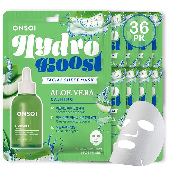 36PK ONSOI Hydro Boost Moisturizing Face Masks Skincare Korean Skin Care Facial Sheet Mask (36, 36PK Aloe Vera)