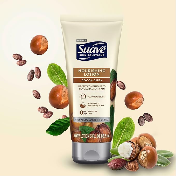 Suave Lotion, Cocoa Butter Shea – Nourishing Hand & Body Lotion, Travel-Size Lotion for Extremely Dry Skin, Moisturizing Cream for Glowing Skin, 24H Moisture, 3 Oz (Pack of 3)