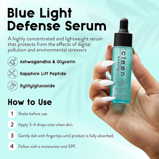 Cleen Beauty Everyday Essentials Skin Care Set | Blue Light Defense Serum + Cooling Eggplant Eye Balm + Rosehip Jelly Face Cleanser + Fragrance Free Face Wipes + Bakuchiol Antioxidant Renewing Serum