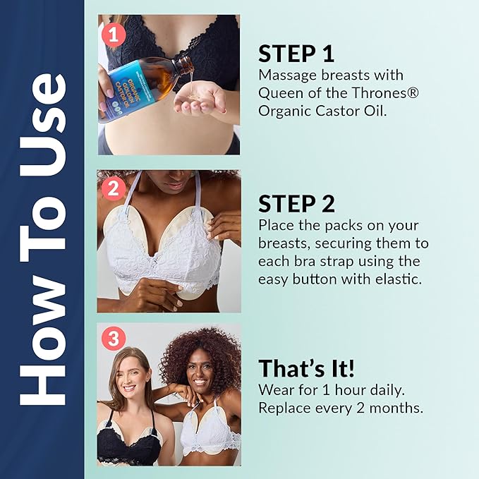 QUEEN OF THE THRONES Castor Oil Pack for Breast (Large) - Heatless, Less-Mess, Reusable - Organic Cotton Flannel, Comfort Fit, Soft Straps & Naturopathic Doctor Designed (Castor Oil Sold Separately)