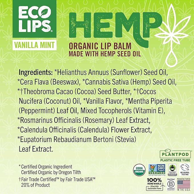 Eco Lips Organic Hemp Lip Balm with Beeswax, Coconut Oil, Vitamin E. Best Lip Balm to Soothe & Moisturize Dry, Chapped Lips (Vanilla Mint, 6-Pack)