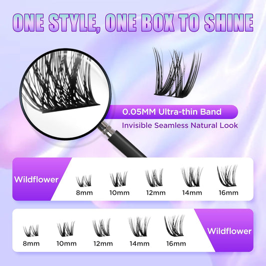 Lash Extension Kit DIY Lash Clusters Kit Eyelash Extensions Individual Lashes Extensions with (BondSeal,Tweezers,Remover,144Pcs,Wildflower,8-16)