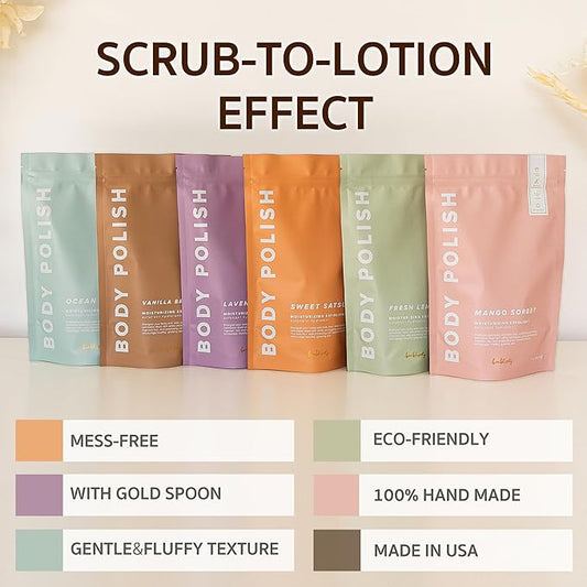Body Polish, 8oz. - Sweet Satsuma Scented Body Scrub Exfoliator for Women, Exfoliating Sugar Scrub To Lotion Moisturizer, Gentle Exfoliant for Dry and Sensitive Skin, Handmade in USA