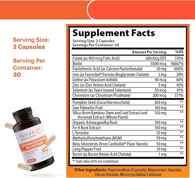 AVIVA - Advanced Hair Nutrition Hair Growth Vitamins, Hair Growth Supplement for Voluminous Tresses, Hair Vitamins with 5000mcg Biotin, 18 Essential Oils, Nutrients and Vitamins for Hair, 180 Capsules