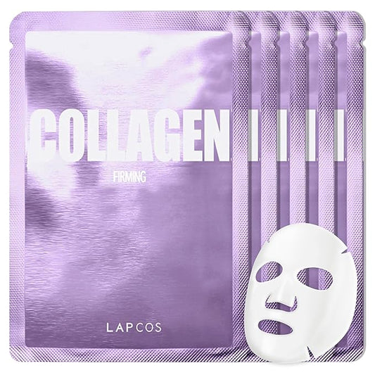 LAPCOS Collagen Sheet Mask, Firming Daily Face Mask with Collagen Peptides for Anti-Aging, Helps to Minimize Wrinkles, Restores Skin Elasticity & Firmness, Hydrating, Korean Beauty, 5-Pack
