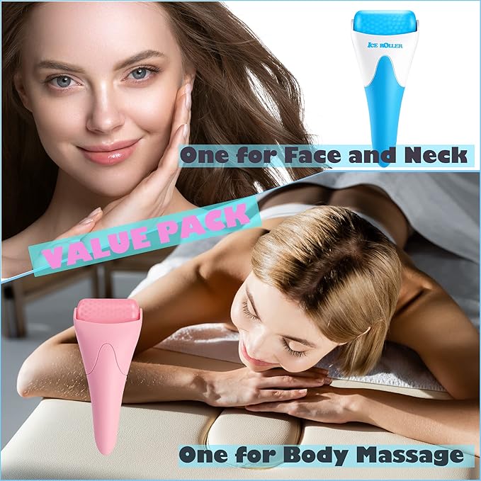 Ice Rollers, 2 Packs Self Care Tools for Reduces Puffiness, Migraine Pain Relief and Energizes Skin, Ideal Gift for Women and Suit for All Skin Types(Blue+Pink)