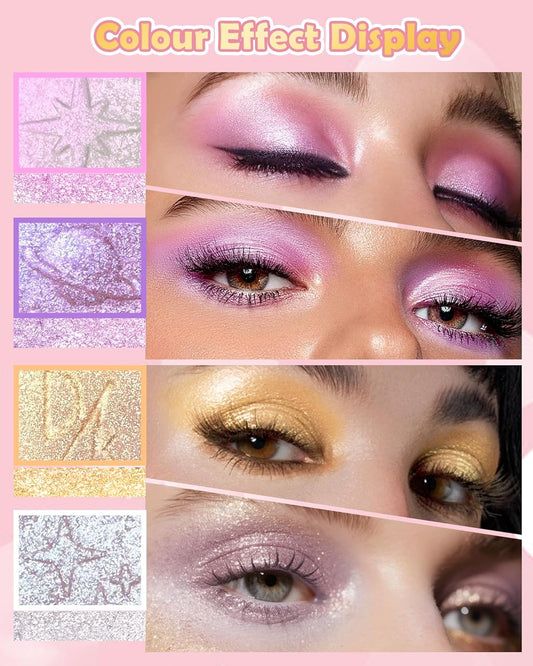Holographic Multichrome Glitter Eyeshadow&Highlighter Palette, Sparkling Color Shift Metallic Shimmer Face Eye Shadow Palette,Highly Pigmented Cream Purple Mermaid Facial Illuminator Fairy Makeup-02