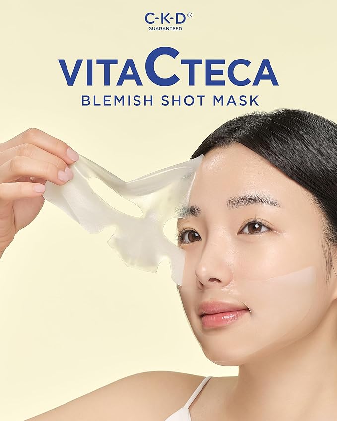 CKD Vita C Teca Blemish Shot Mask - Hydrogel Firming Face Mask Sheet with Pure Vitamin C & Centella Asiatica, Radiance, Relief for Dark Spots & Blemishes, 5 sheets
