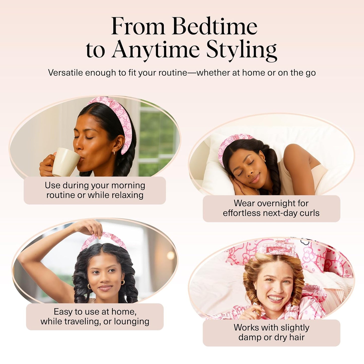 Hello Kitty x Kitsch Satin Heatless Hair Curler Set - Heatless Curls Overnight, Hair Rollers for Soft Curls & Frizz-Free Styling, No Heat Curlers To Sleep in, Curling Rod Headband - Pink Kitty Faces