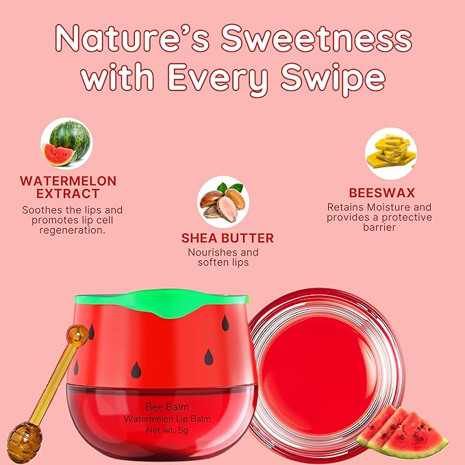 Original My Bee Balm Lip Balm - Watermelon Hydrating Balm Honey Pot for Dry, Chapped & Cracked Lips with Propolis, Honey & Vitamin E - Soften, Smooth & Reduce Lip Lines