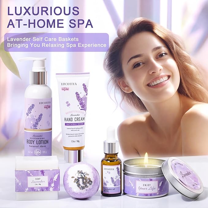LUCOTIYA Lavender Spa Gift Set for Her,Hand Cream,Lavender Essential Oil,Body Butter ,Lavender Scented Candle,Bath Bombs,Soap