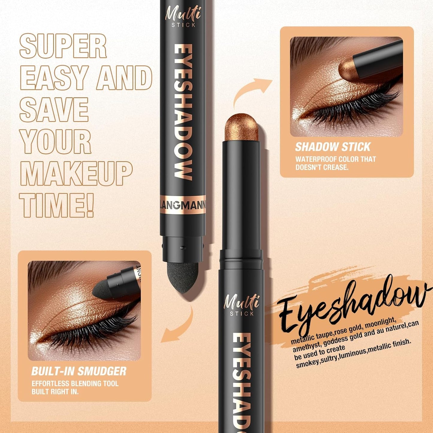 LANGMANNI 8Colors Dual-Ended Eyeshadow Stick Set – Silky Smooth, Waterproof & Transfer-Proof, Built-in Blender Brush, All-Day Matte & Shimmer Wear Eye Makeup(#A)