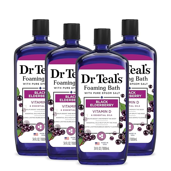 Dr Teal's Foaming Bath with Pure Epsom Salt, Black Elderberry with Vitamin D, 34 fl oz (Pack of 4)