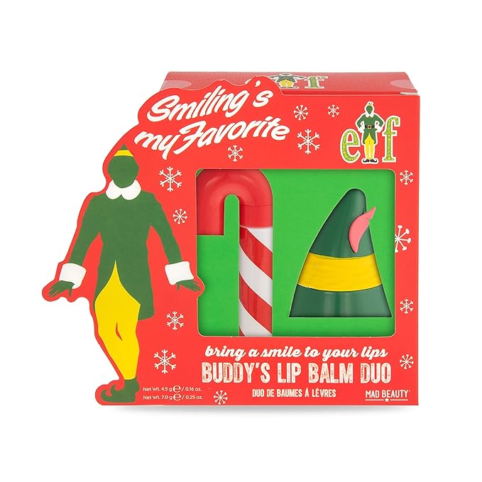 MAD BEAUTY Warner Bros Elf Lip Balm Duo, Candy Cane & Elf Hat, Sweet Fruity Fragrance, Moisturizing, Gift, Travel Size, Christmas, Holidays