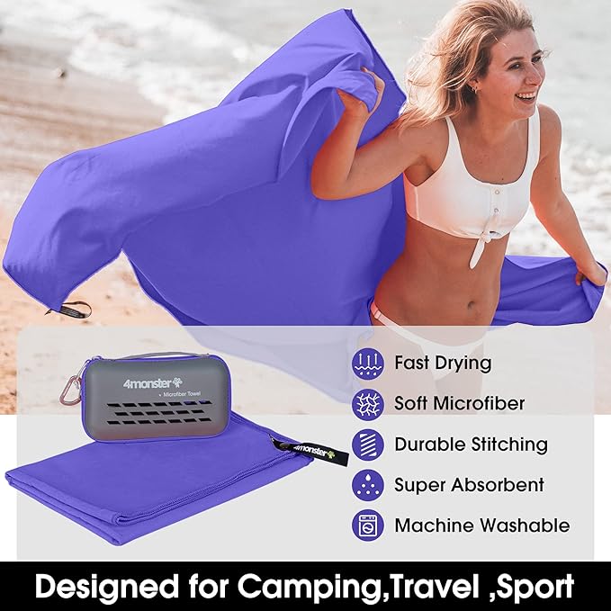 4Monster Camping Towels Super Absorbent, Fast Drying Microfiber Travel Towel, Quick Dry Ultra Soft Compact Gym Towel for Swimming Beach Hiking Yoga Travel Sports Backpack (59.00" x 30.00", Purple)