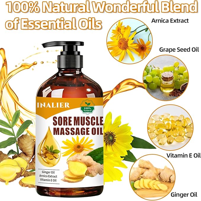 Arnica Massage Oil - Relaxing Body Massage for Date Night & Therapy, Ginger Oil for Lymphatic Drainage, Gifts for Men & Women