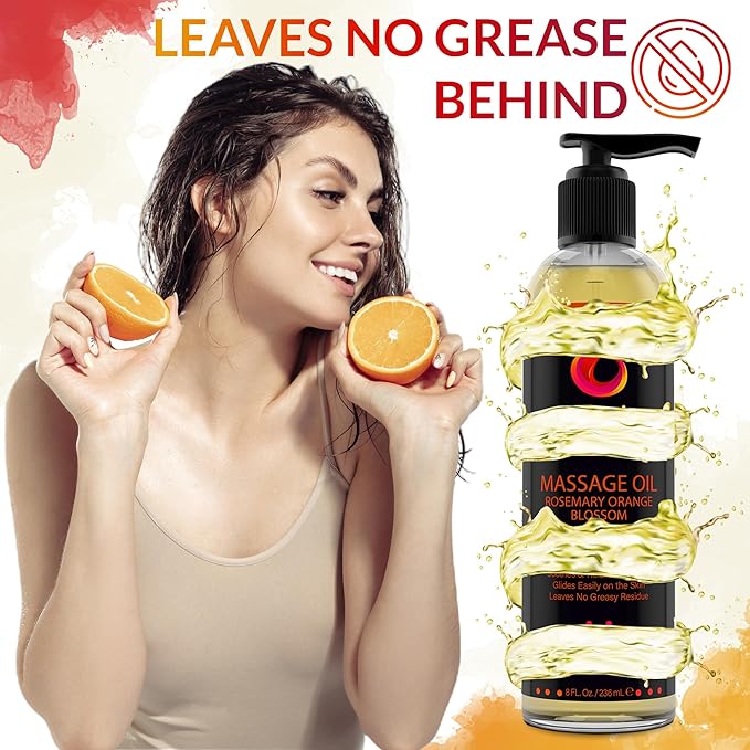 Massage Oil for Couples, Women & Men (1 Bottle, 8 fl oz) - Fox Envy Orange Blossom with Rosemary Scented Sensual Oil with Coconut Oil & Jojoba Oil - Enhances Stimulation for The Body & Muscles