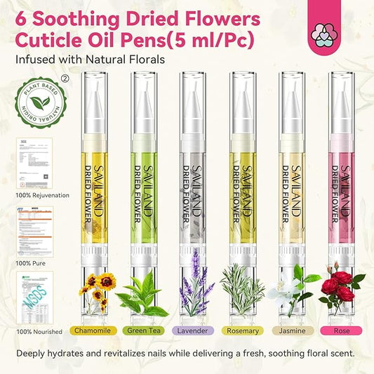 SAVILAND Floral Cuticle Oil Pen: 6Pcs 5ml Large Capacity Nail Growth Oil with Real Flowers For Revitalizing Hydrating Repairing Nail Strengthener Cuticles Softener Nail Growth Serum with Vitamin E