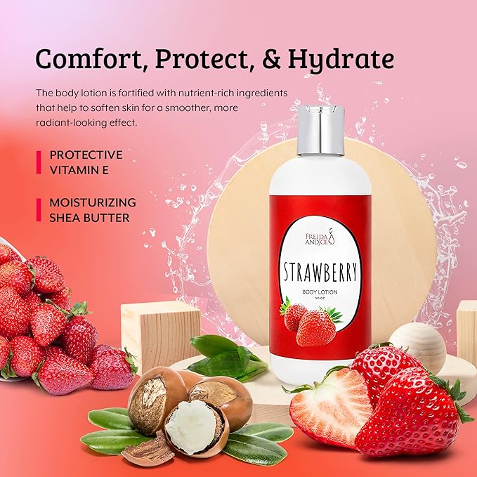 Home Spa Gift 10oz Deep Moisturizing Fragrance Body Lotion & 8 oz. Fine Fragrance Body Mist Set Luxury Self-Care Combo for Women and Girls (Strawberry) Mother’s Day Gift for Mom
