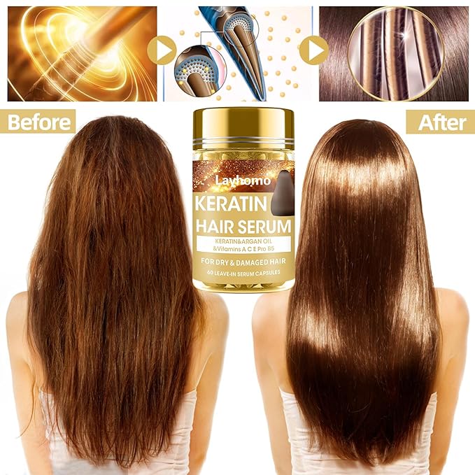 Keratin Hair Treatment Serum,60 Capsules Hair Treatment Oil for Dry Damaged Hair,Hair Oil with Keratin,Argan Oil-Leave-in Anti Frizz Conditioner with Vitamins A, C, E & B5- No Rinse for All Hair Types