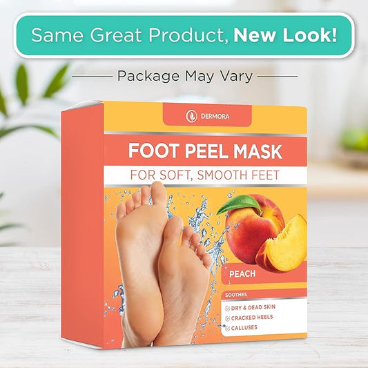 DERMORA Foot Peel Mask - 2 Pack of Regular Size Skin Exfoliating Foot Masks for Dry, Cracked Feet, Callus, Dead Skin Remover for Baby Soft Feet, Peach Scent
